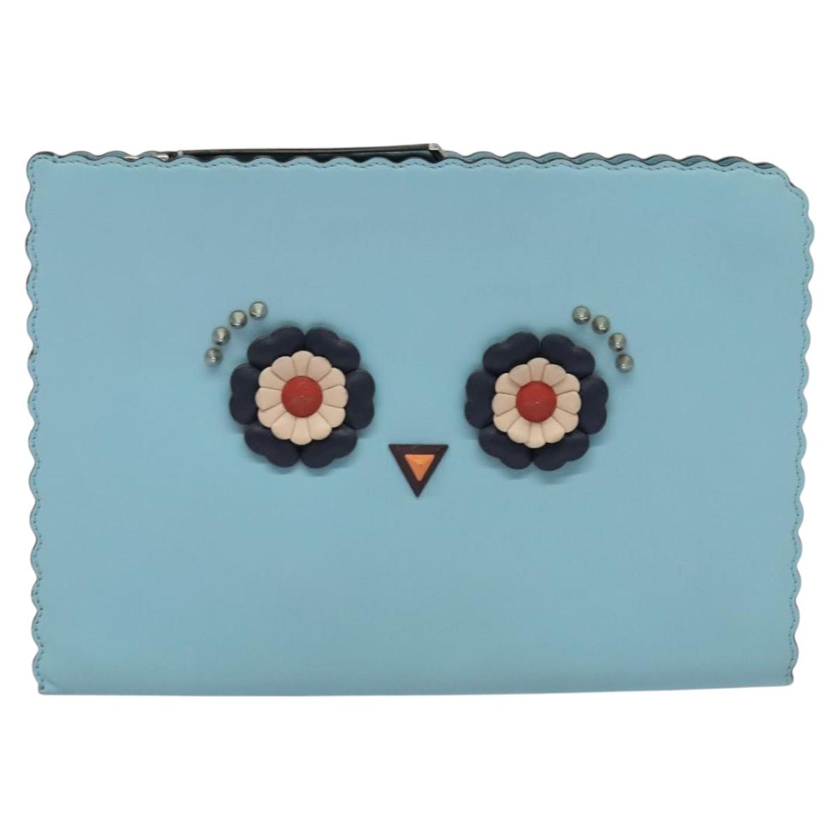 FENDI Clutch Bag Leather Light Blue Auth bs25680