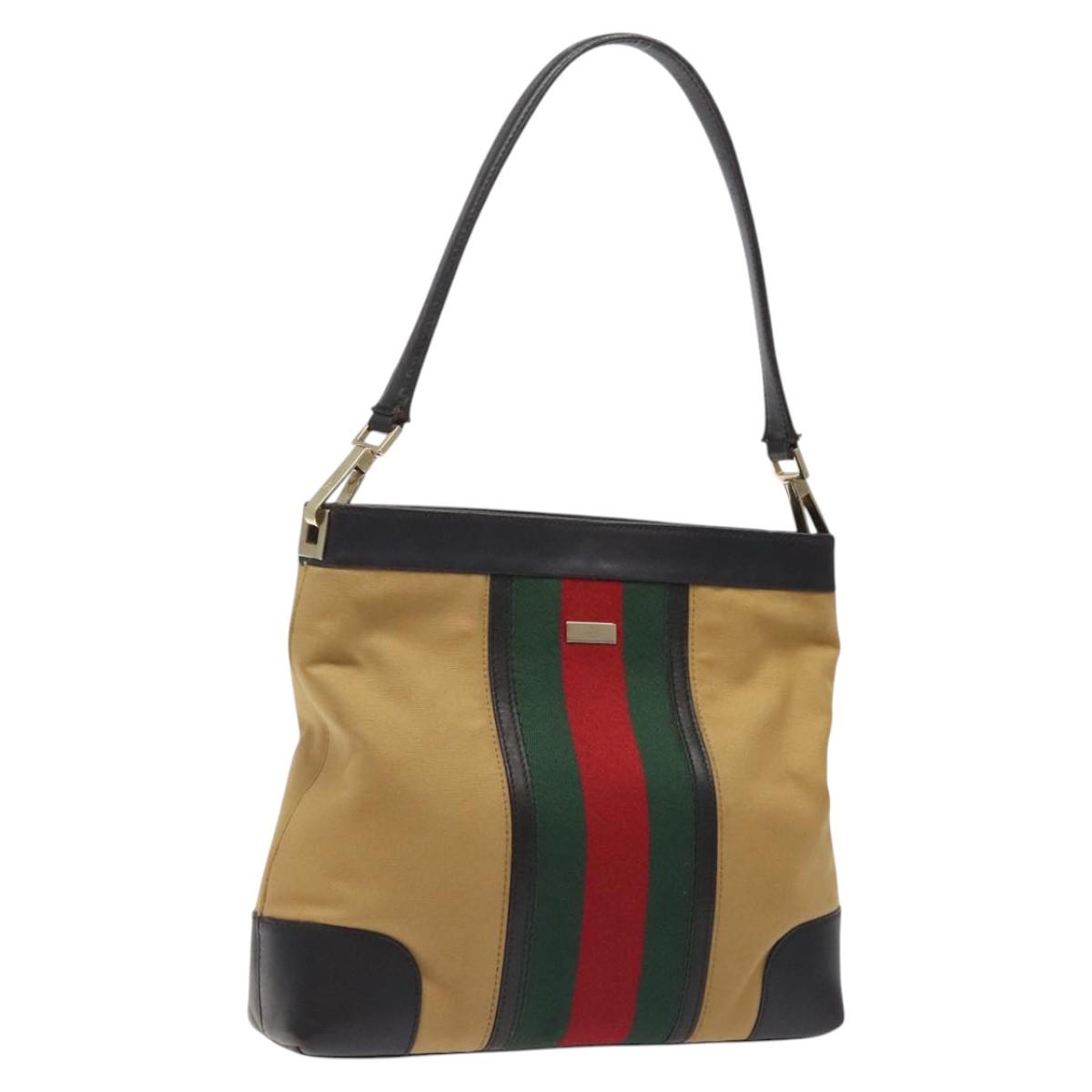 GUCCI Web Sherry Line Shoulder Bag Canvas Beige Gold 001 4231 Auth bs25687