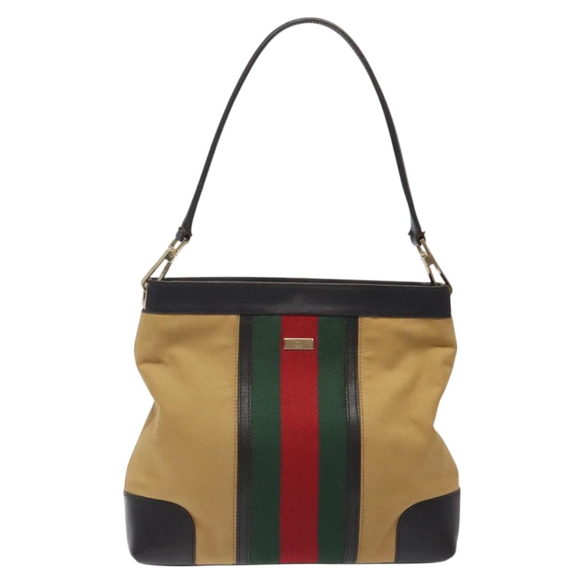 GUCCI Web Sherry Line Shoulder Bag Canvas Beige Gold 001 4231 Auth bs25687