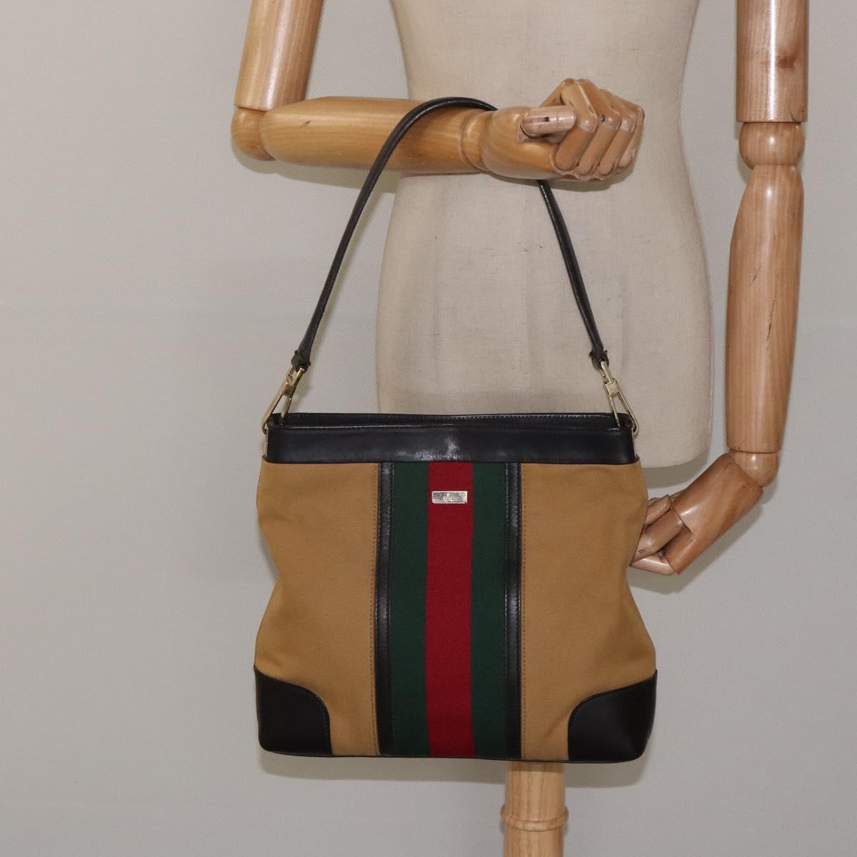 GUCCI Web Sherry Line Shoulder Bag Canvas Beige Gold 001 4231 Auth bs25687