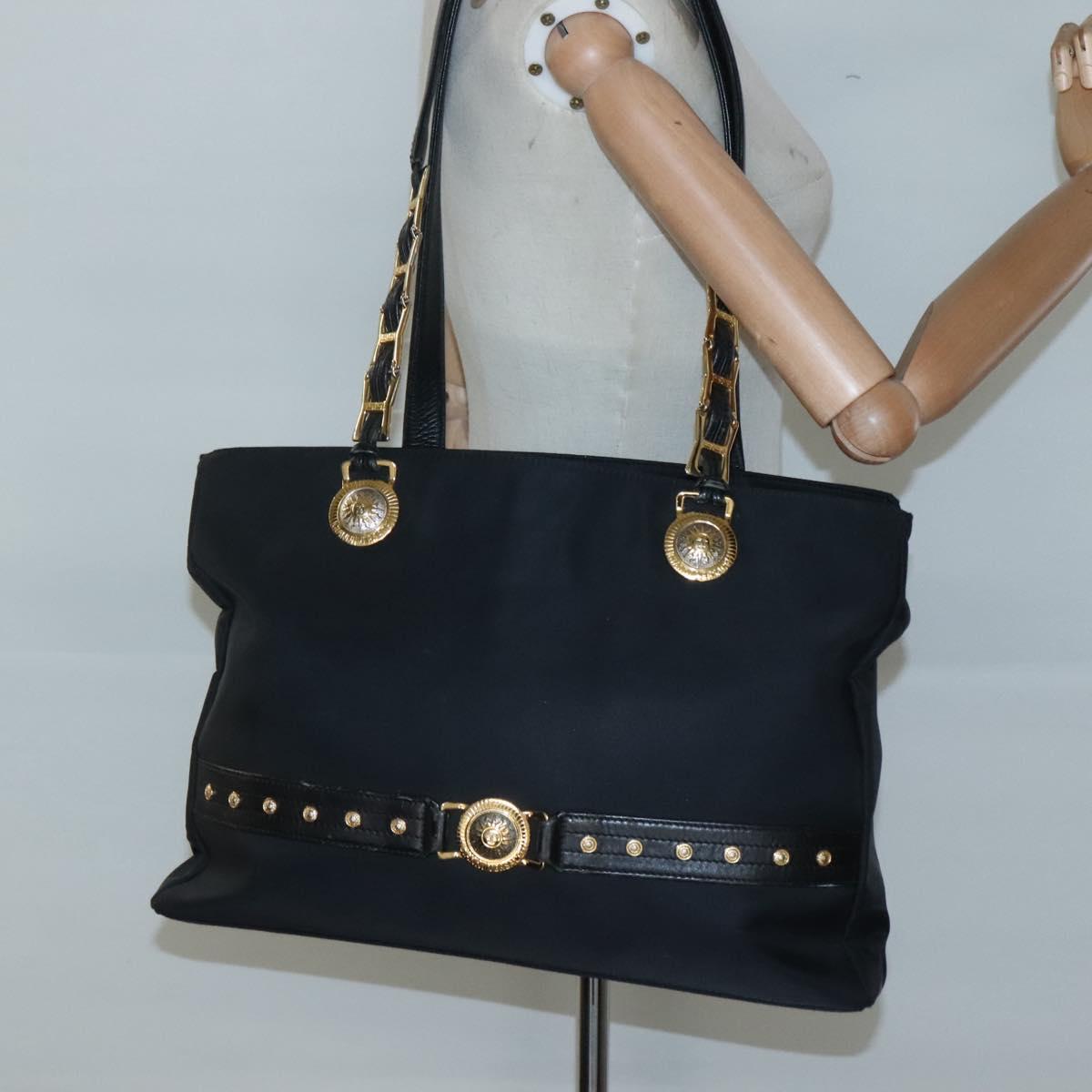 Gianni Versace Tote Bag Nylon Black Gold Auth bs25747