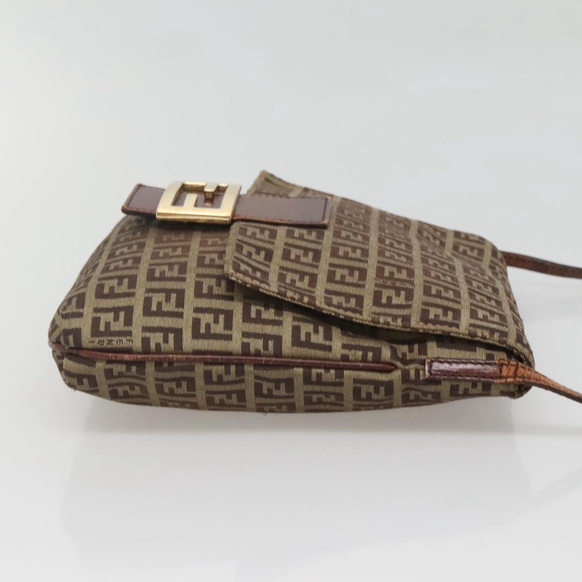 FENDI Zucchino Canvas Shoulder Bag Brown Black Auth bs25758