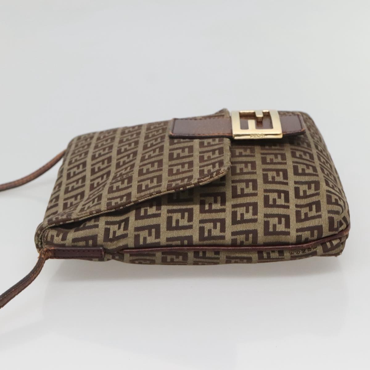 FENDI Zucchino Canvas Shoulder Bag Brown Black Auth bs25758