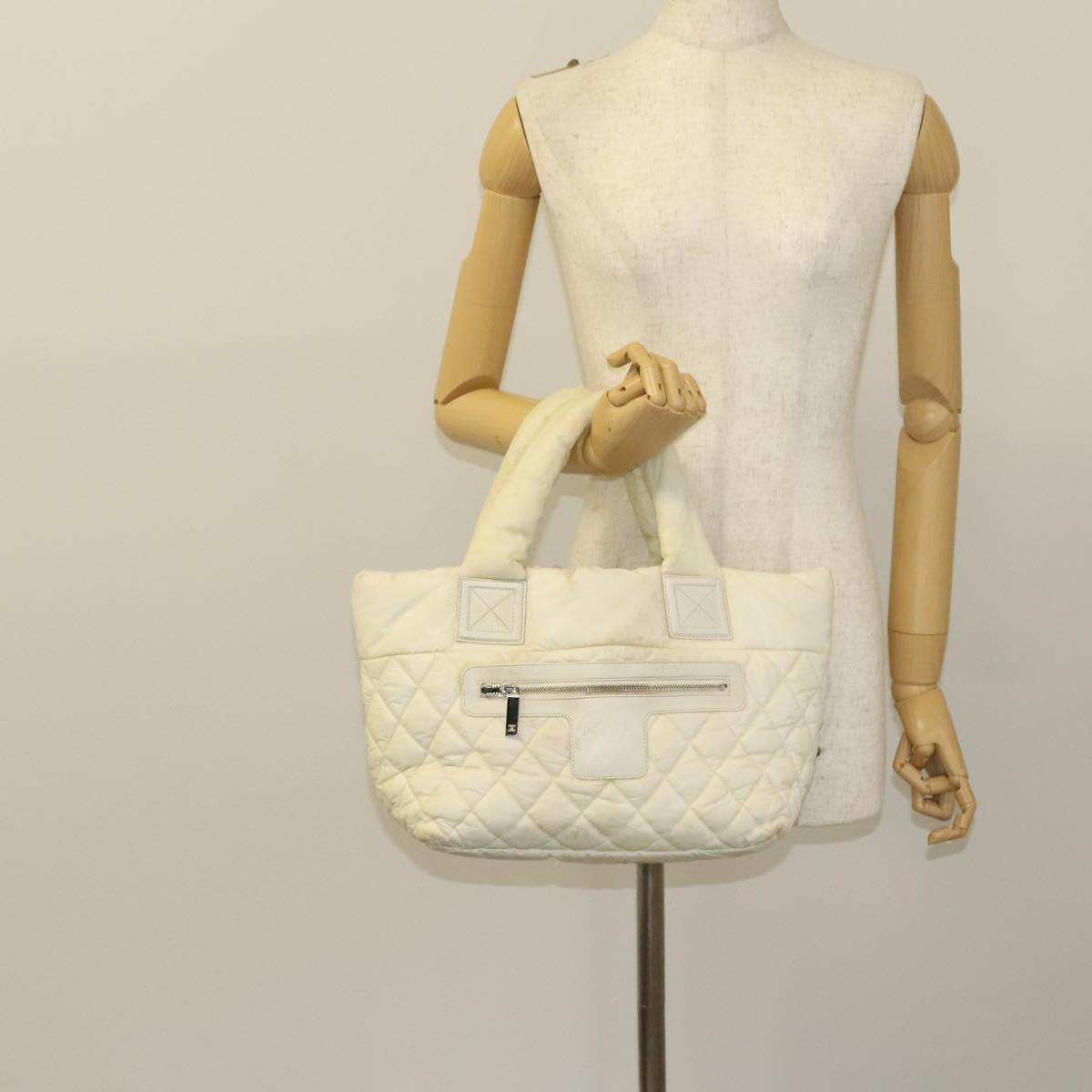 CHANEL Coco Cocoon Hand Bag Nylon White Silver CC Auth bs25763
