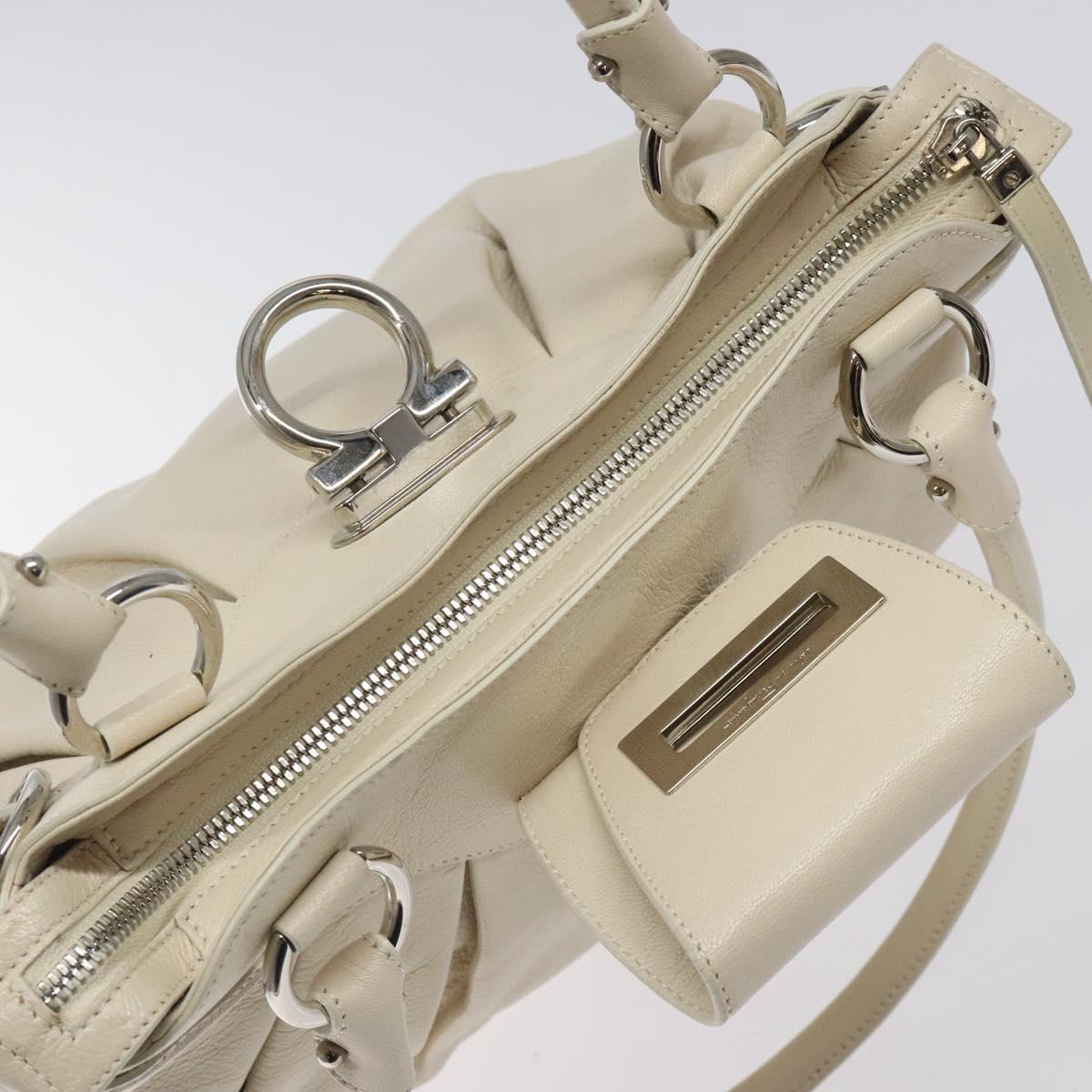 Salvatore Ferragamo Gancini Shoulder Bag Leather White Silver Auth bs25829