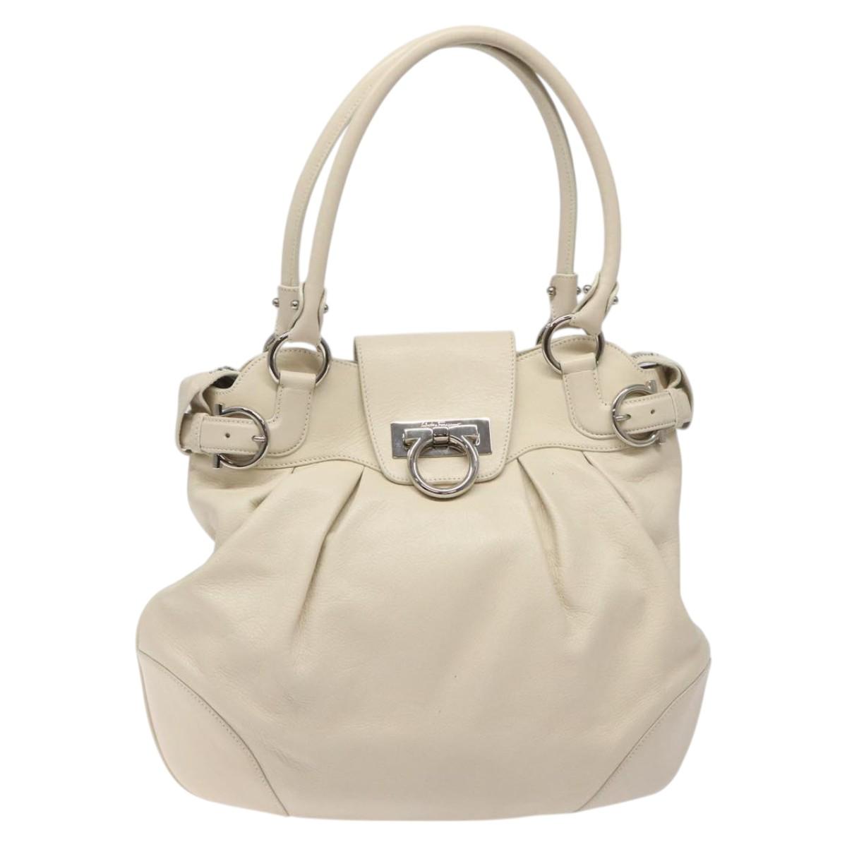 Salvatore Ferragamo Gancini Shoulder Bag Leather White Silver Auth bs25829