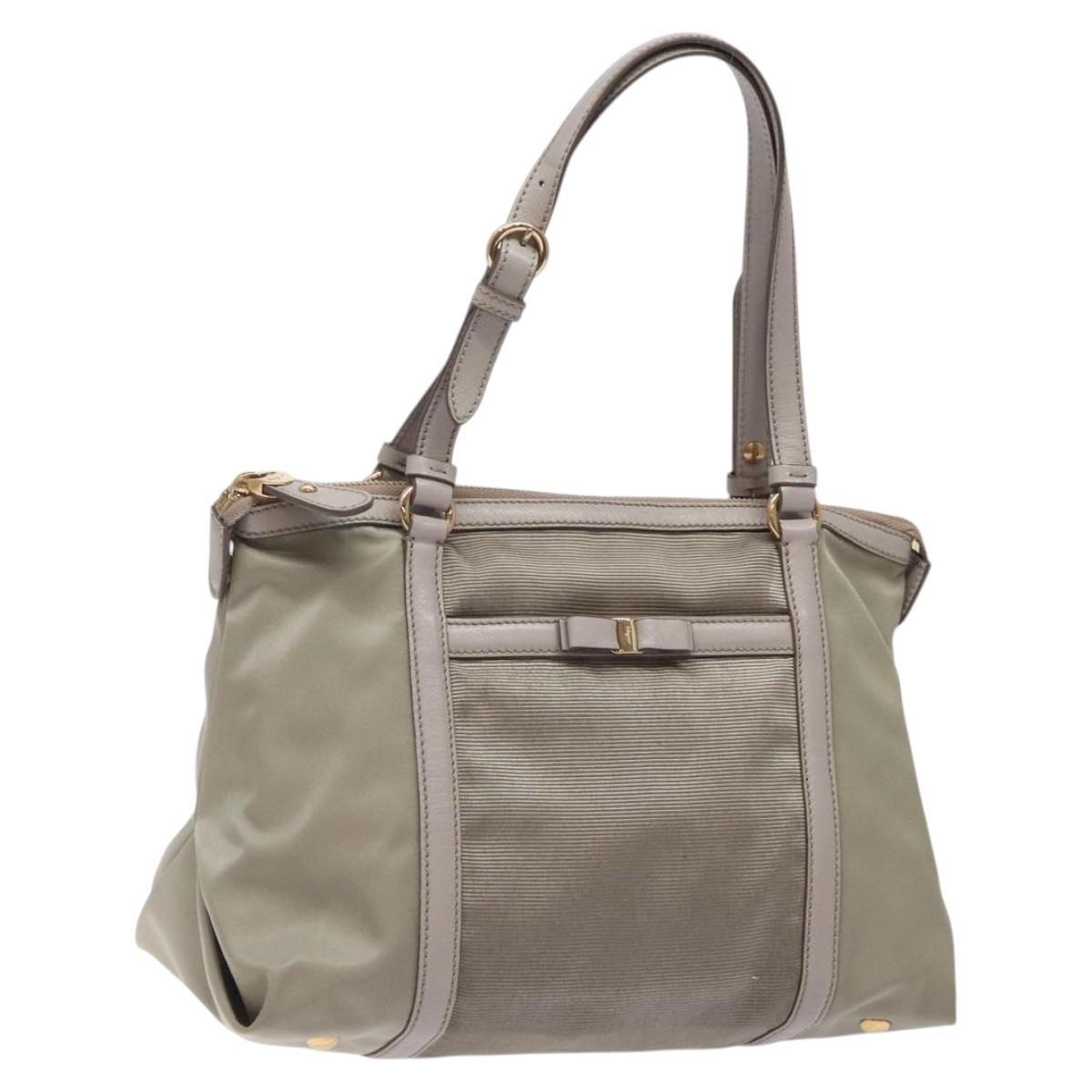 Salvatore Ferragamo Hand Bag Nylon Leather Gray Gold Auth bs25830