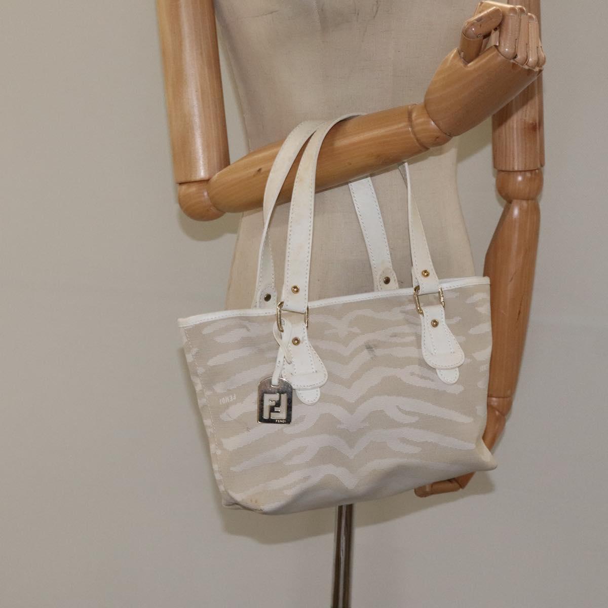 FENDI Hand Bag Canvas White Gold Auth bs25843