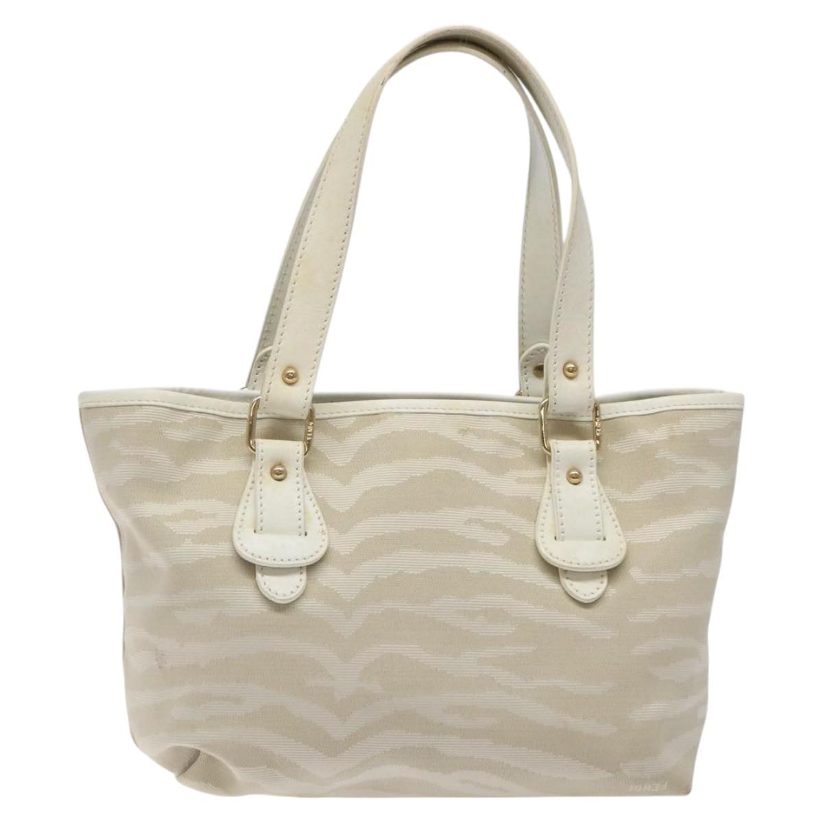 FENDI Hand Bag Canvas White Gold Auth bs25843