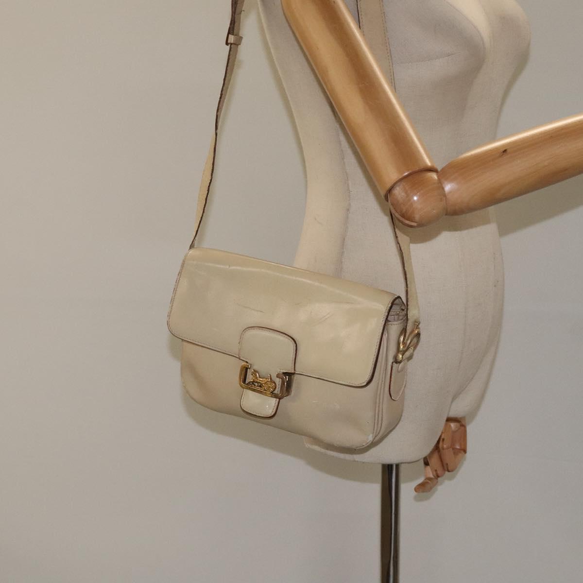 CELINE Shoulder Bag Leather White Gold Auth bs25844