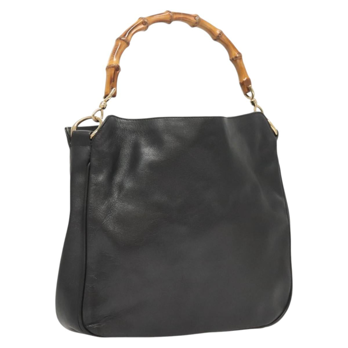 GUCCI Bamboo Hand Bag Leather Black Gold 001 3754 1638 Auth bs25926