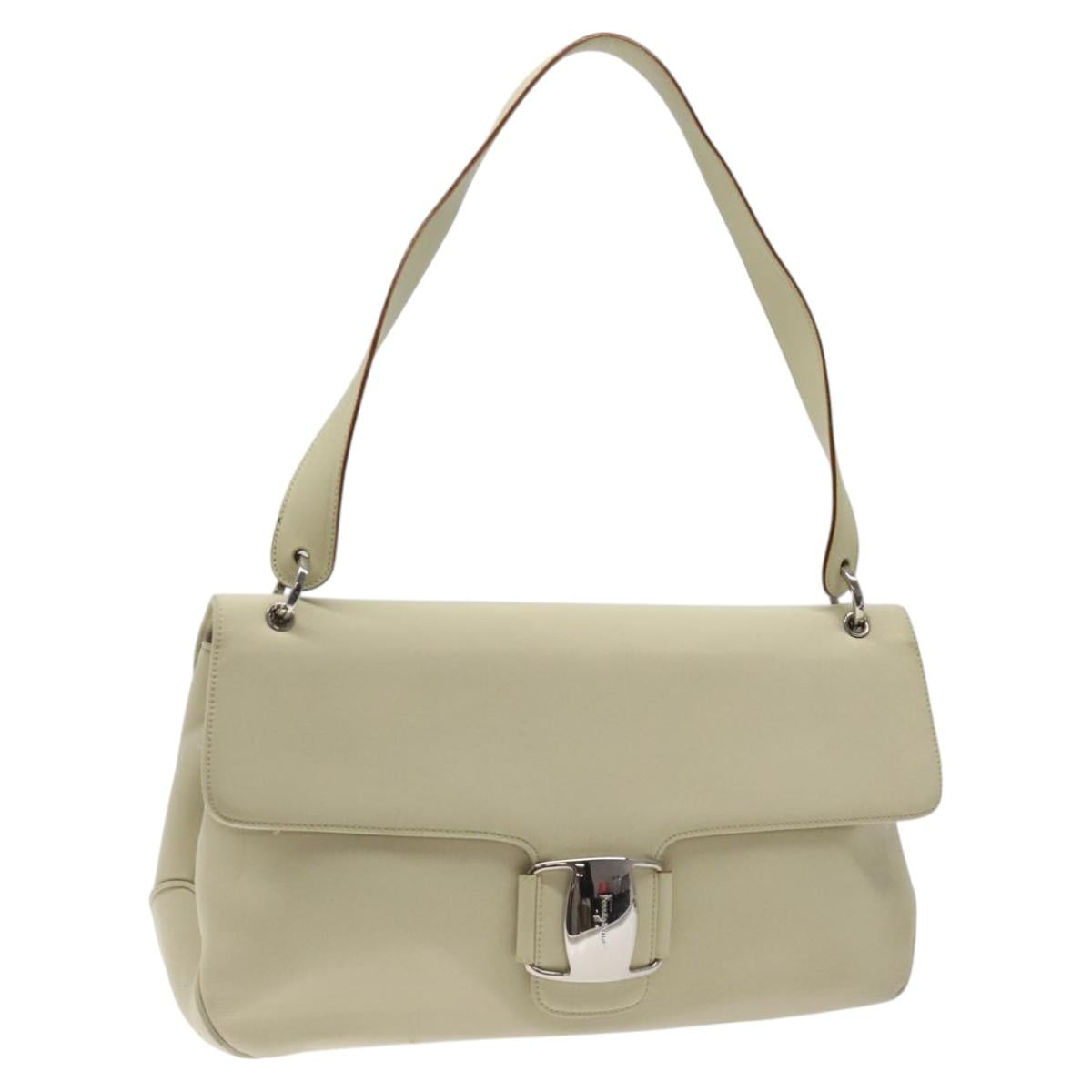 Salvatore Ferragamo Gancini Shoulder Bag Canvas White Silver Auth bs25930
