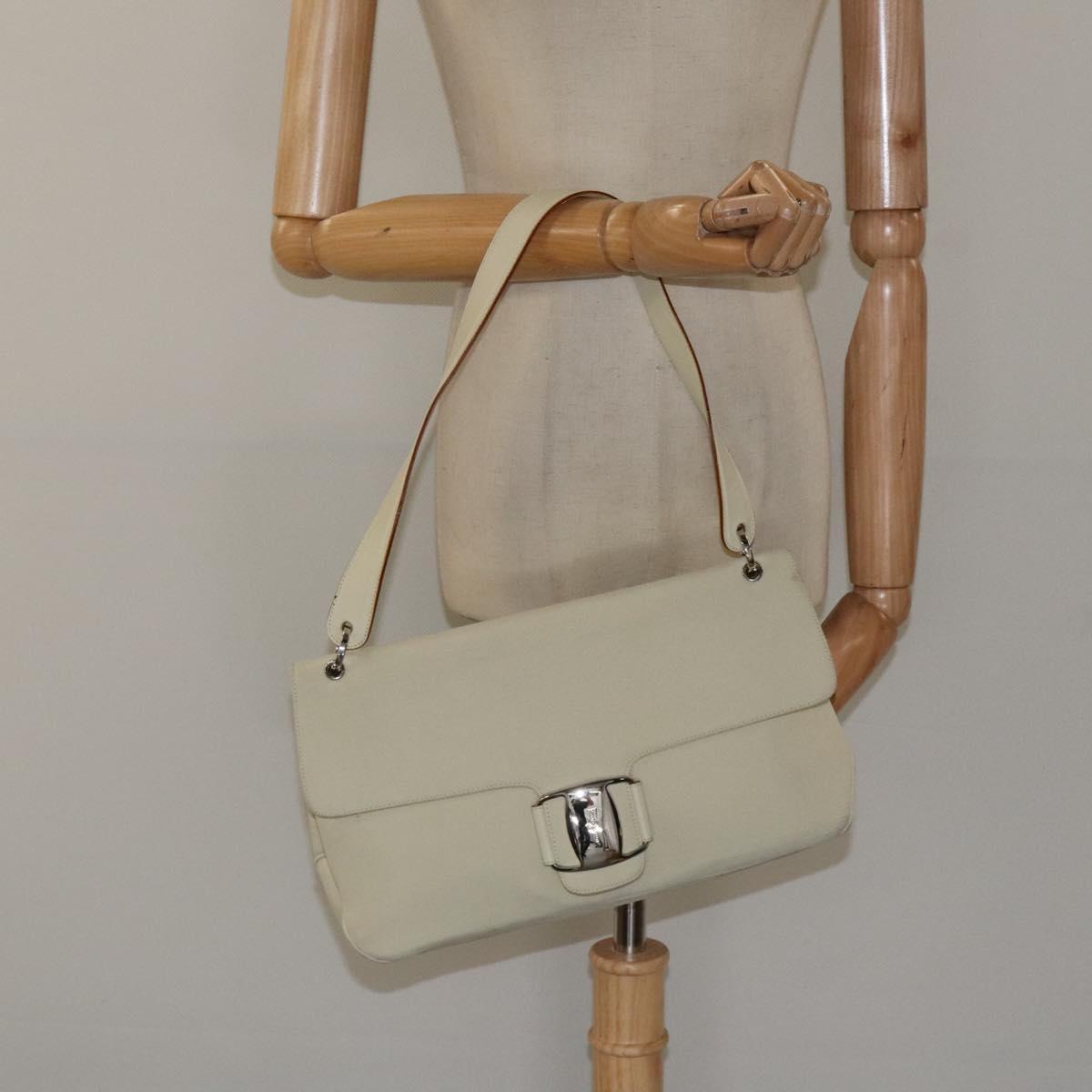 Salvatore Ferragamo Gancini Shoulder Bag Canvas White Silver Auth bs25930