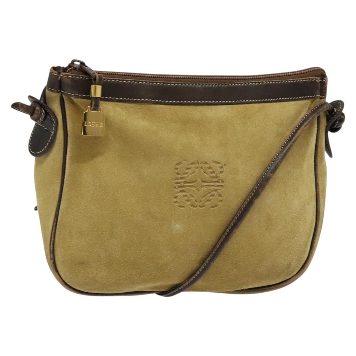 LOEWE Anagram Shoulder Bag Suede Beige Gold Auth bs25935