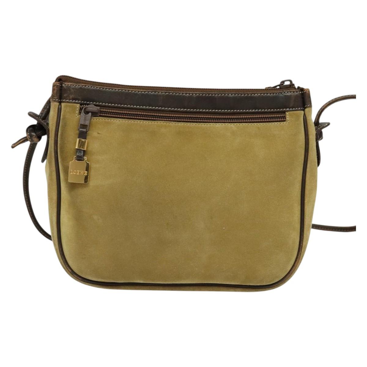 LOEWE Anagram Shoulder Bag Suede Beige Gold Auth bs25935