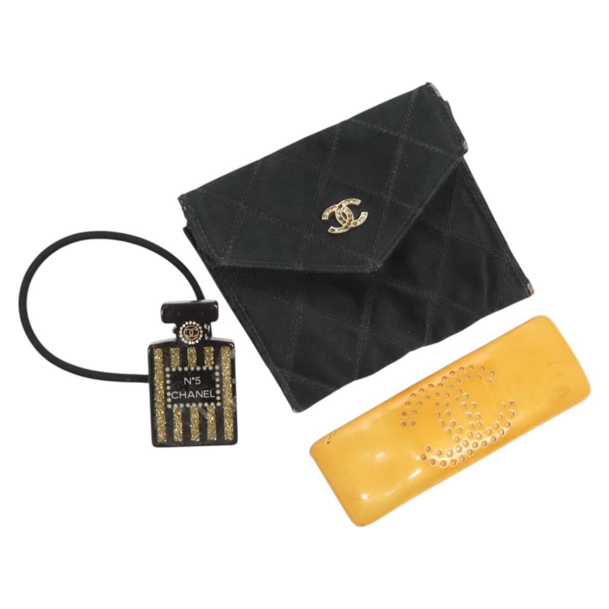 CHANEL Card Case Satin Metal 3Set Black Yellow CC Auth bs25964