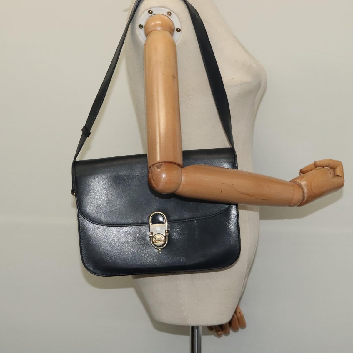 CELINE Shoulder Bag Leather Navy Gold Auth bs25995