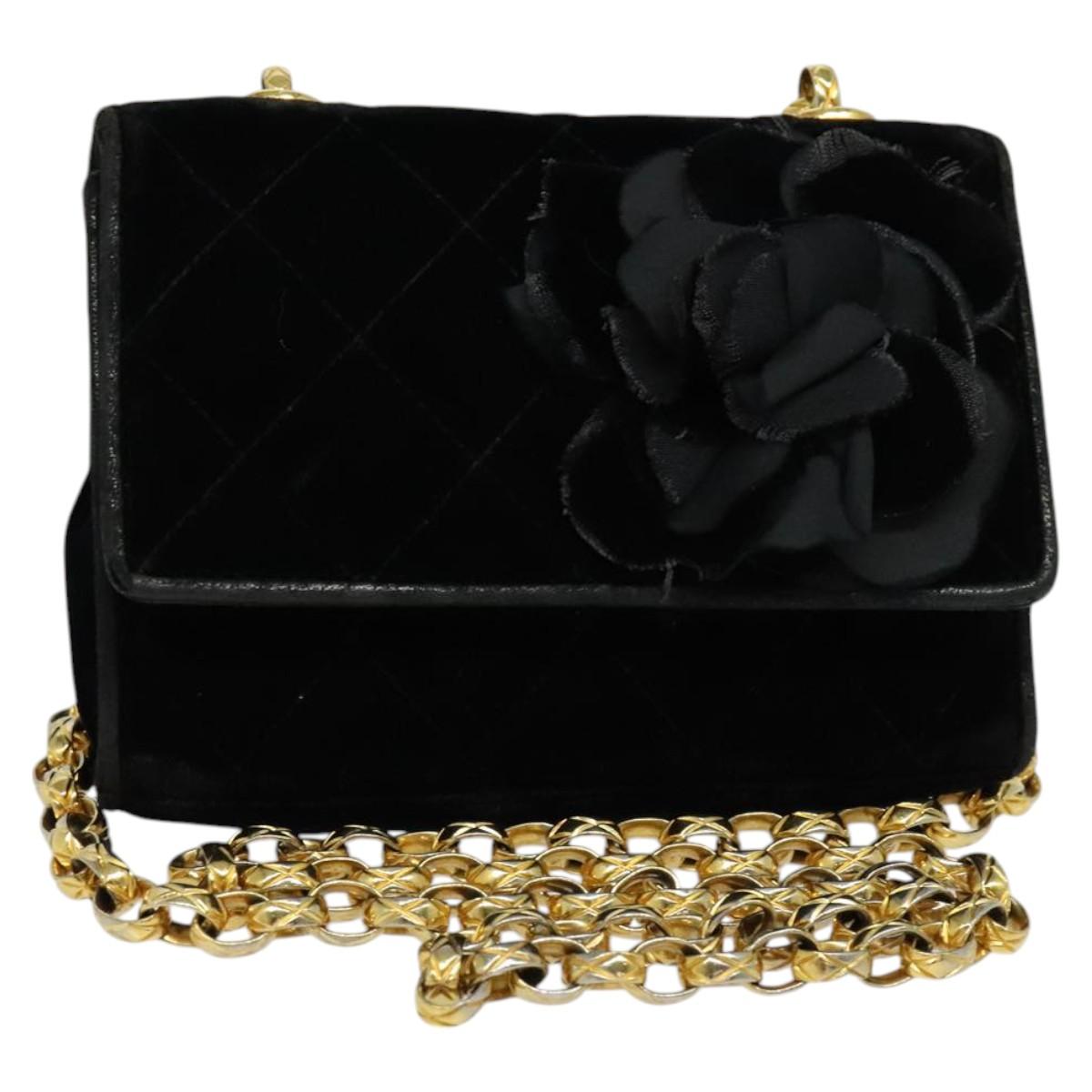 CHANEL Matelasse Camellia Chain Shoulder Bag Velor Black Gold CC Auth bs26015