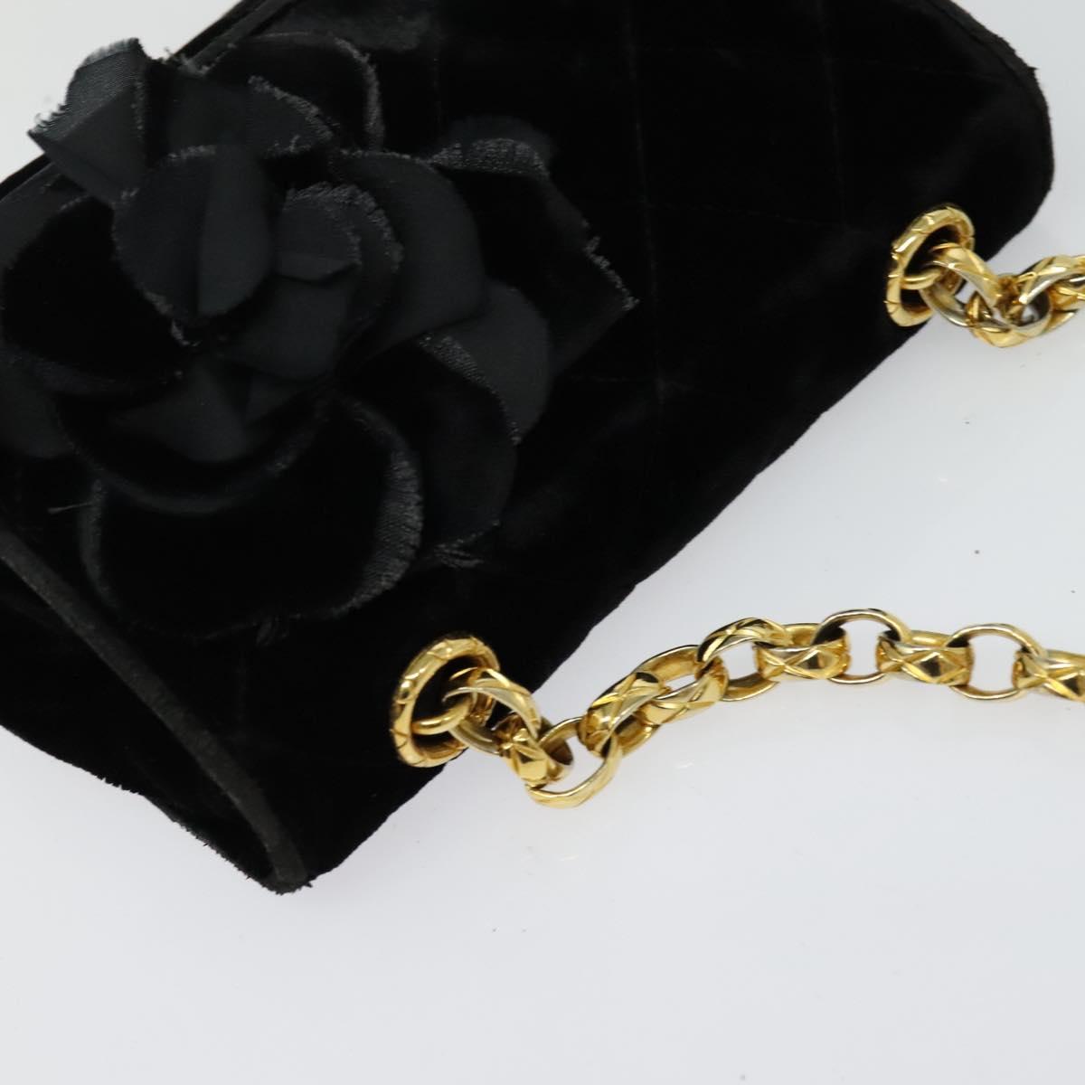 CHANEL Matelasse Camellia Chain Shoulder Bag Velor Black Gold CC Auth bs26015