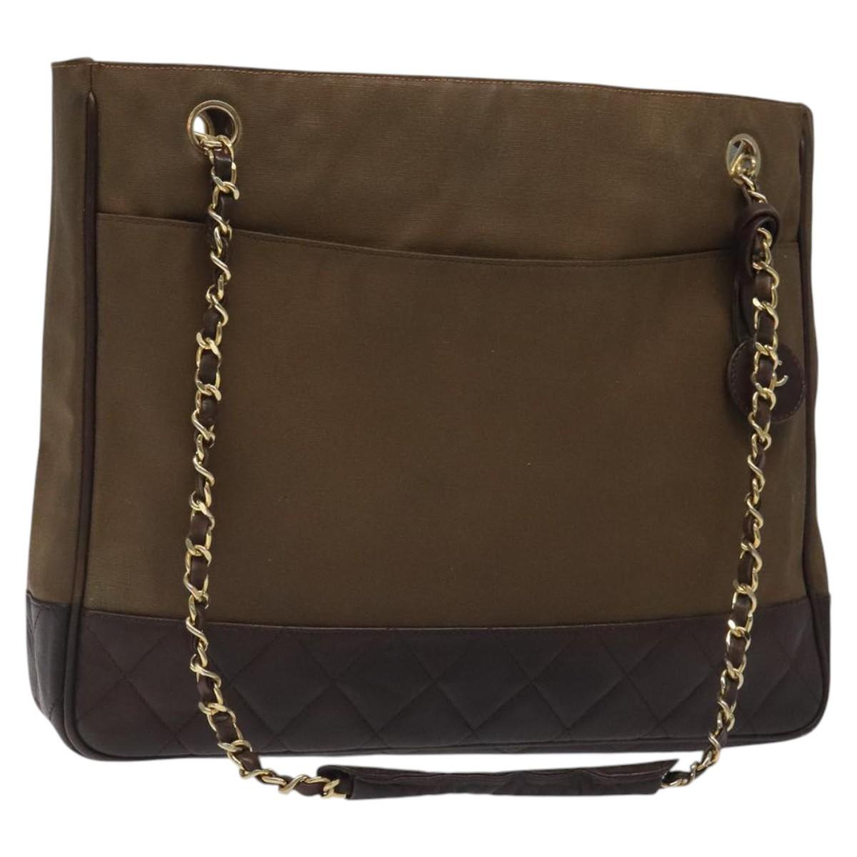 CHANEL Chain Tote Bag Coated Canvas Leather Brown Gold CC Auth bs26043