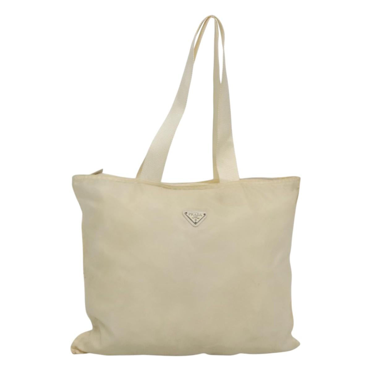 PRADA Tote Bag Nylon Cream Silver Auth bs26062