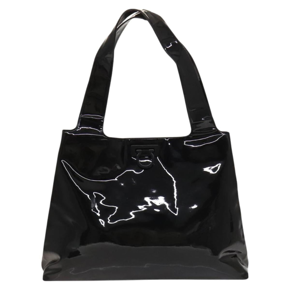 Salvatore Ferragamo Gancini Tote Bag Enamel Black Auth bs26078