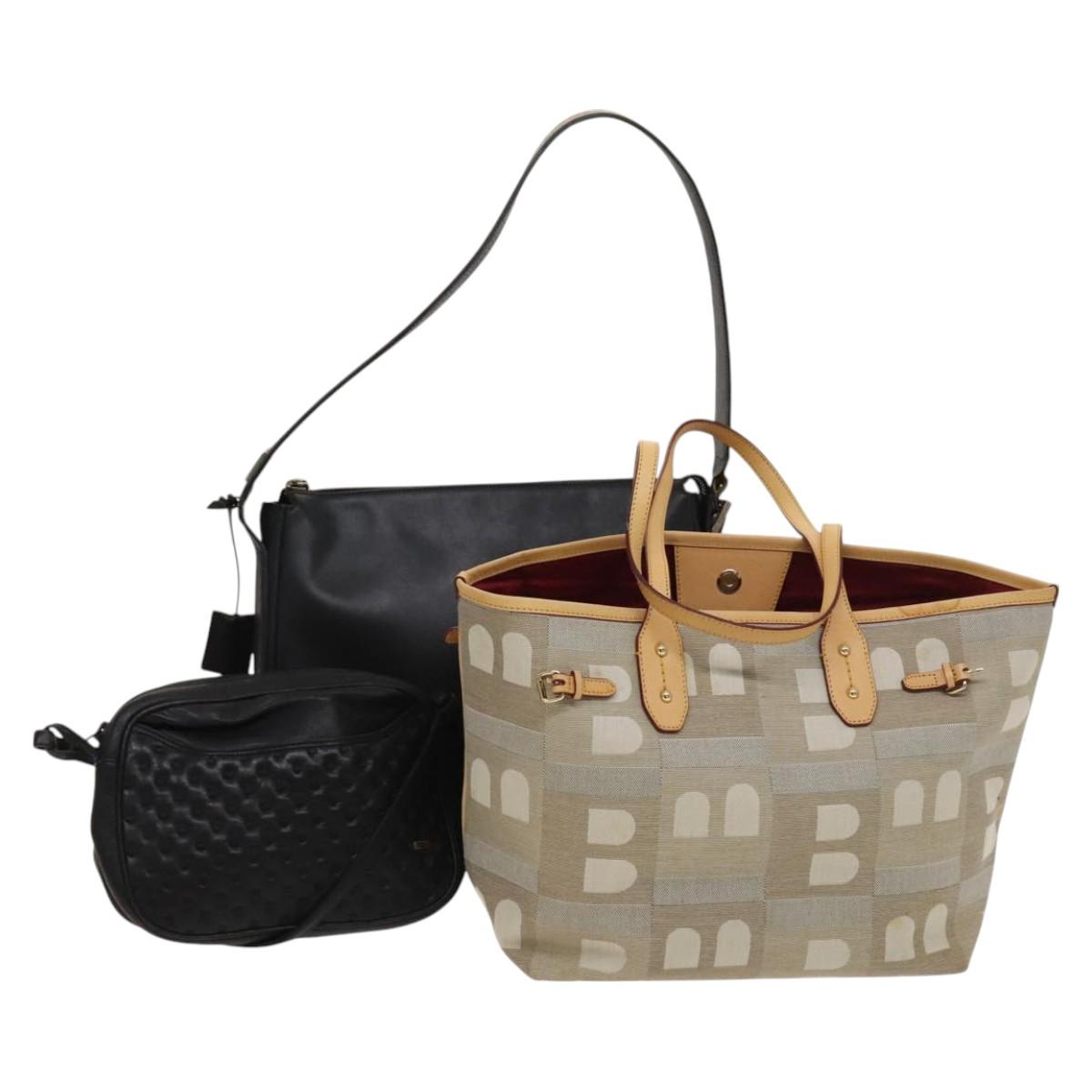 BALLY Shoulder Bag Leather Canvas 3Set Beige Black Auth bs26202