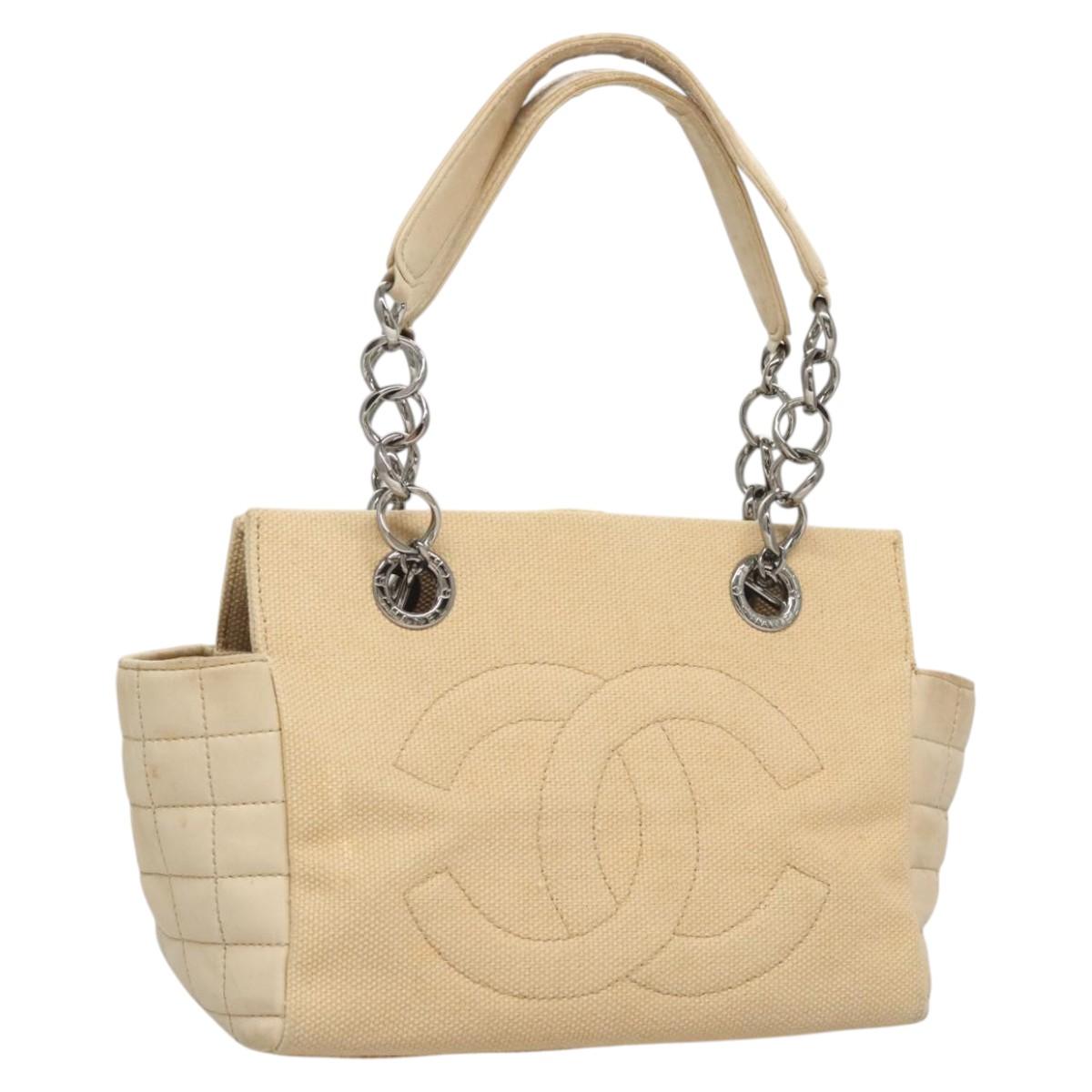 CHANEL Choco Bar Chain Hand Bag Canvas Beige CC Auth bs26212