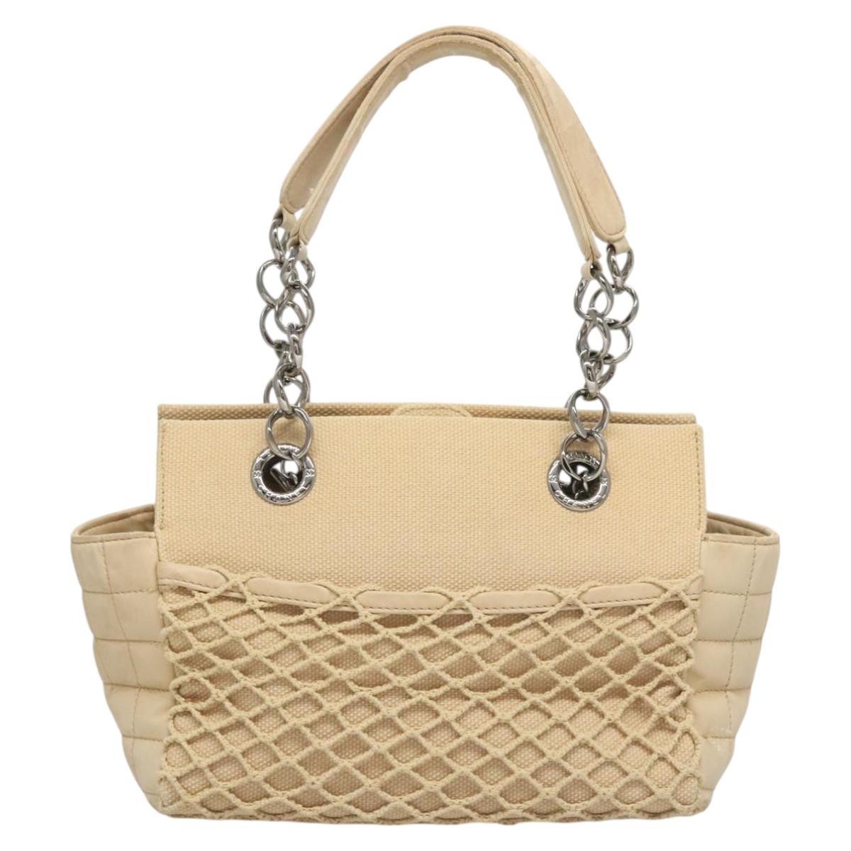 CHANEL Choco Bar Chain Hand Bag Canvas Beige CC Auth bs26212