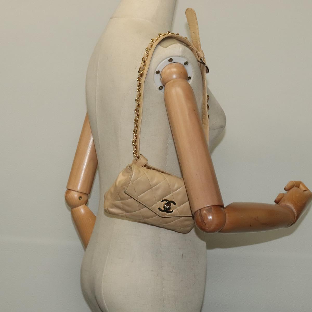 CHANEL Matelasse Chain Waist bag Lamb Skin Beige Gold CC Auth bs26213