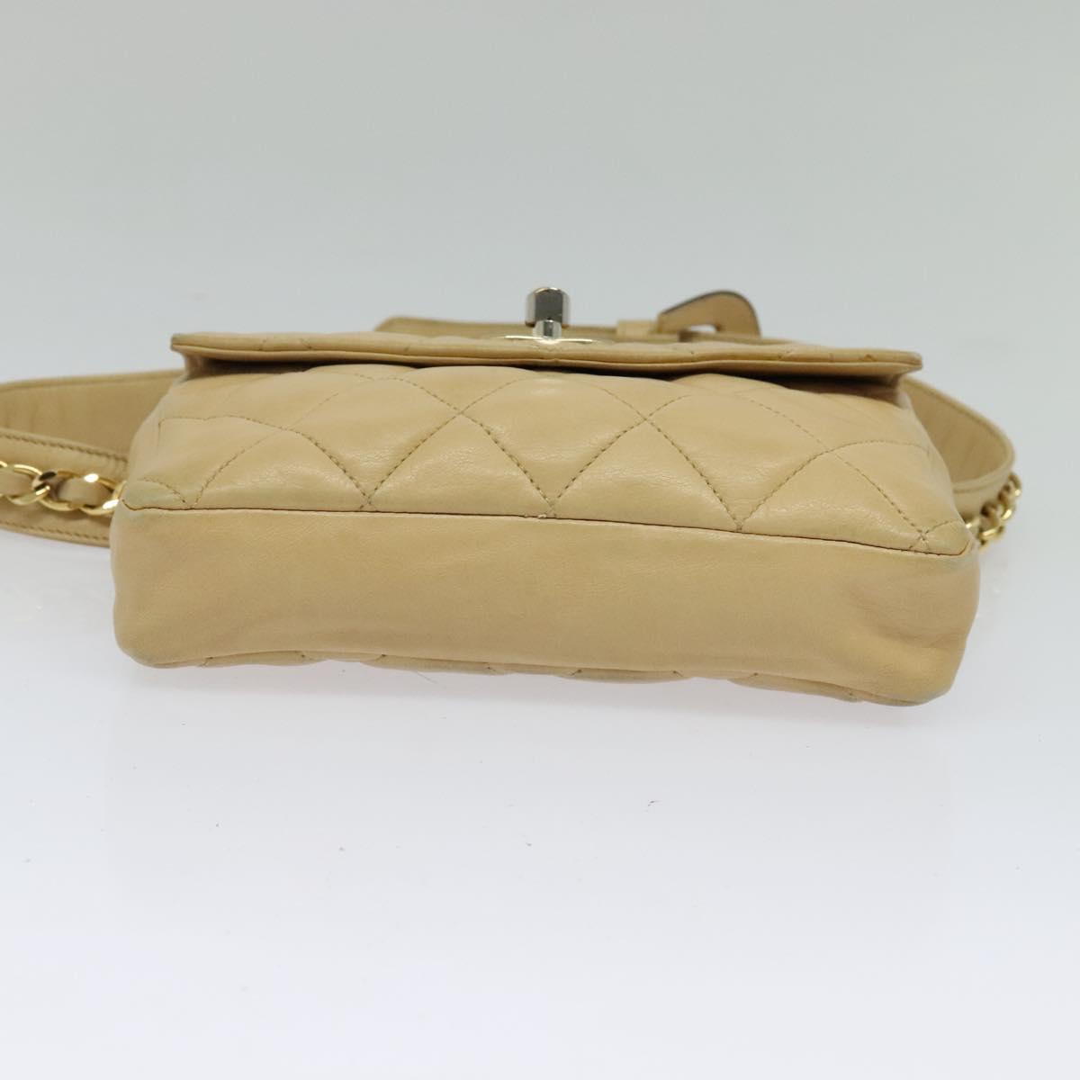 CHANEL Matelasse Chain Waist bag Lamb Skin Beige Gold CC Auth bs26213