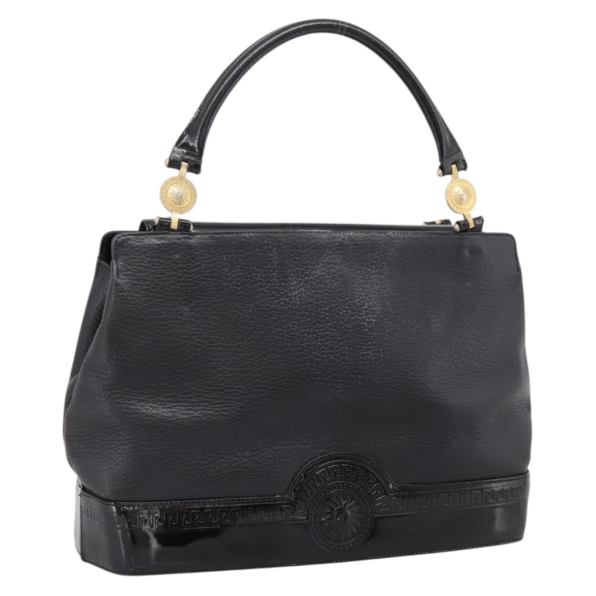 VERSACE Hand Bag Leather Black Gold Auth bs26249