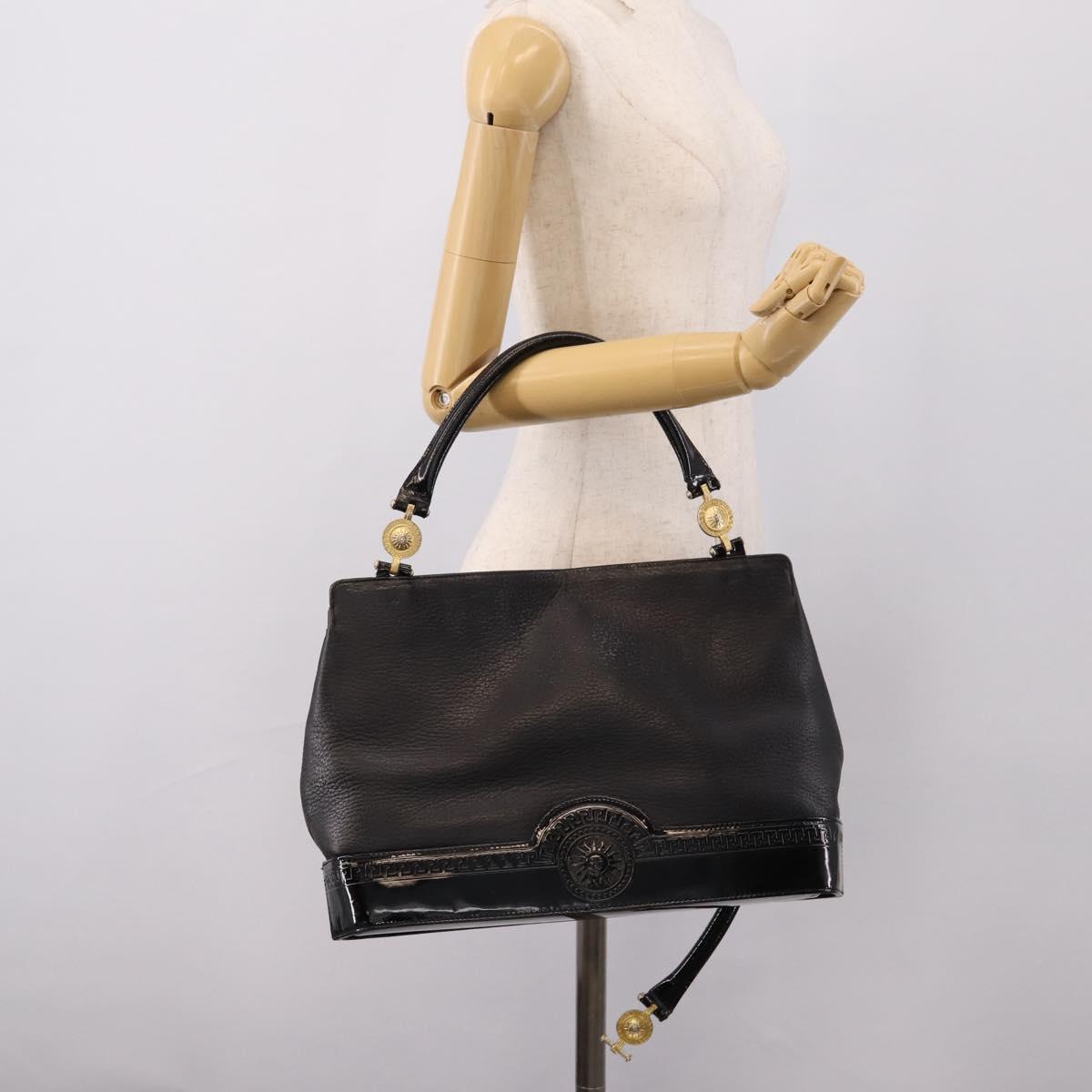 VERSACE Hand Bag Leather Black Gold Auth bs26249