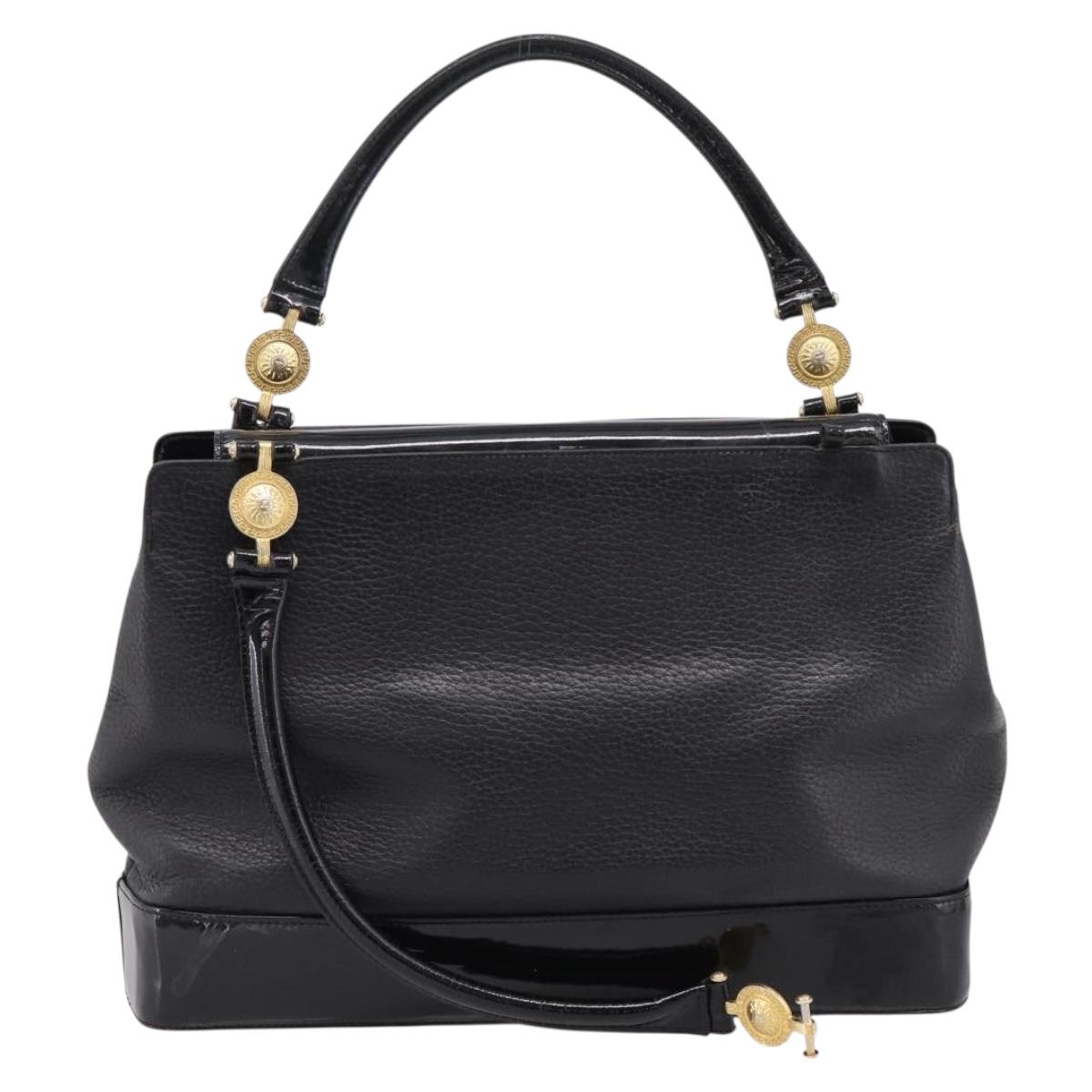 VERSACE Hand Bag Leather Black Gold Auth bs26249