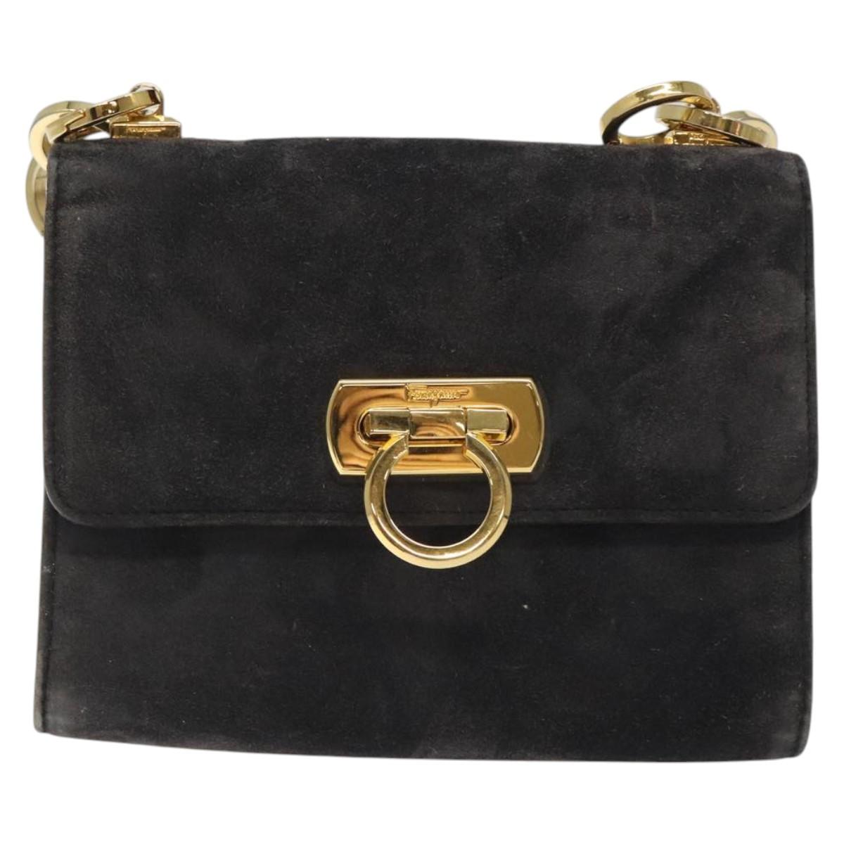 Salvatore Ferragamo Gancini Shoulder Bag Suede Black Gold Auth bs26286