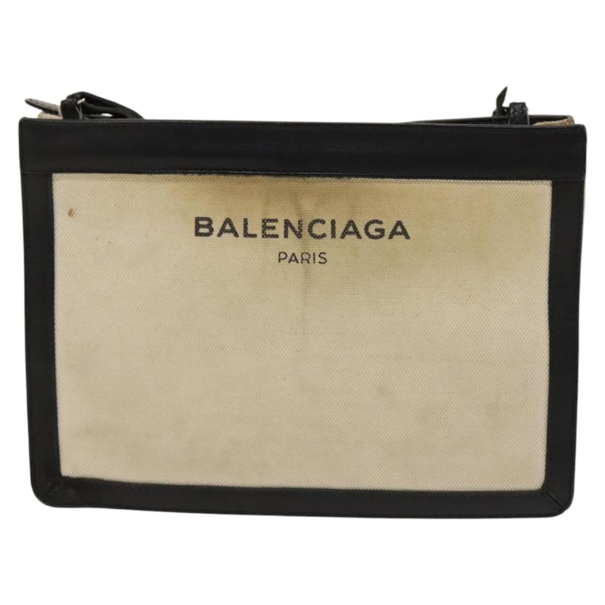 BALENCIAGA Shoulder Bag Canvas Beige Black Silver Auth bs26288