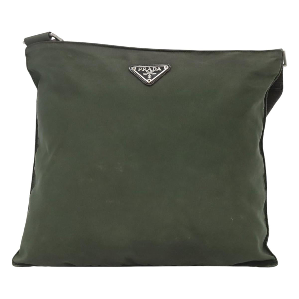 PRADA Shoulder Bag Nylon Khaki Silver Auth bs26349