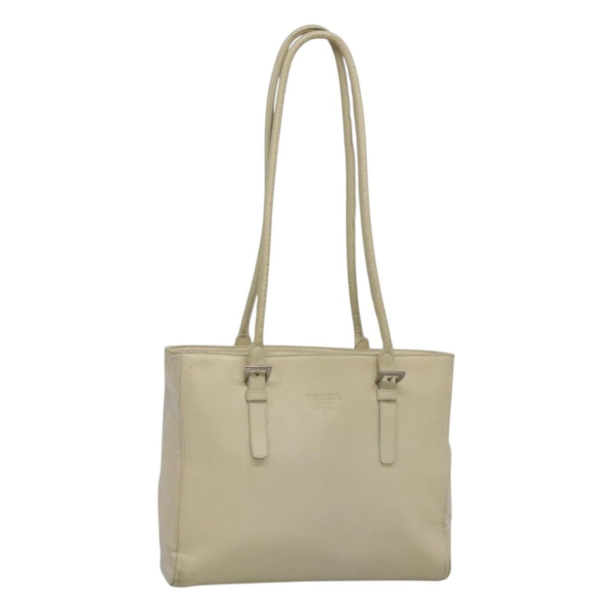 PRADA Shoulder Bag Leather nylon White Silver Auth bs26360