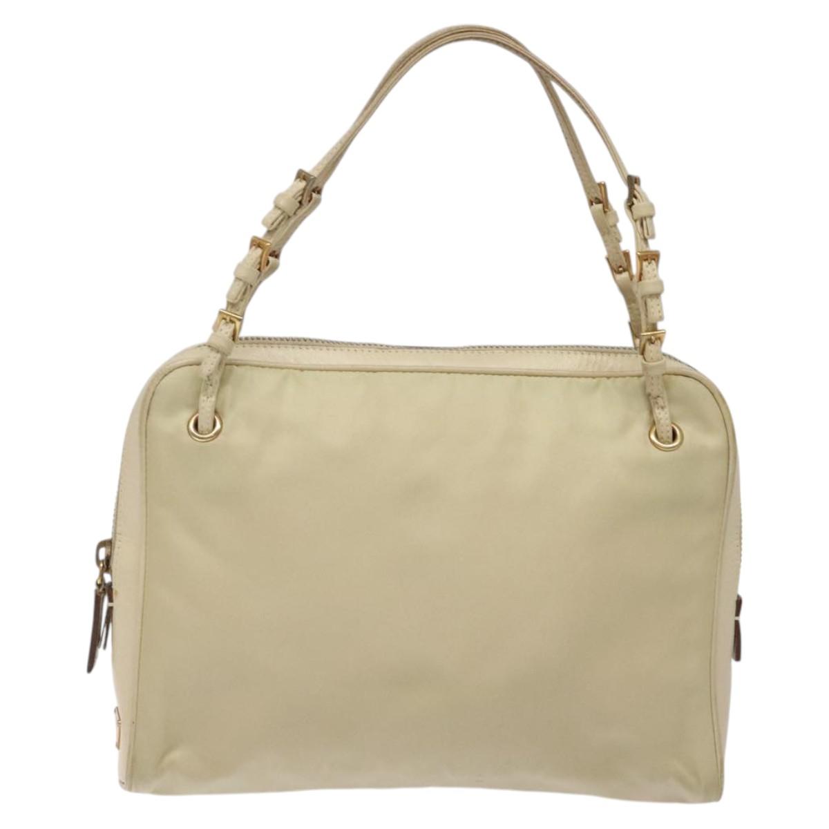 PRADA Hand Bag Nylon Leather Beige Gold Auth bs26363