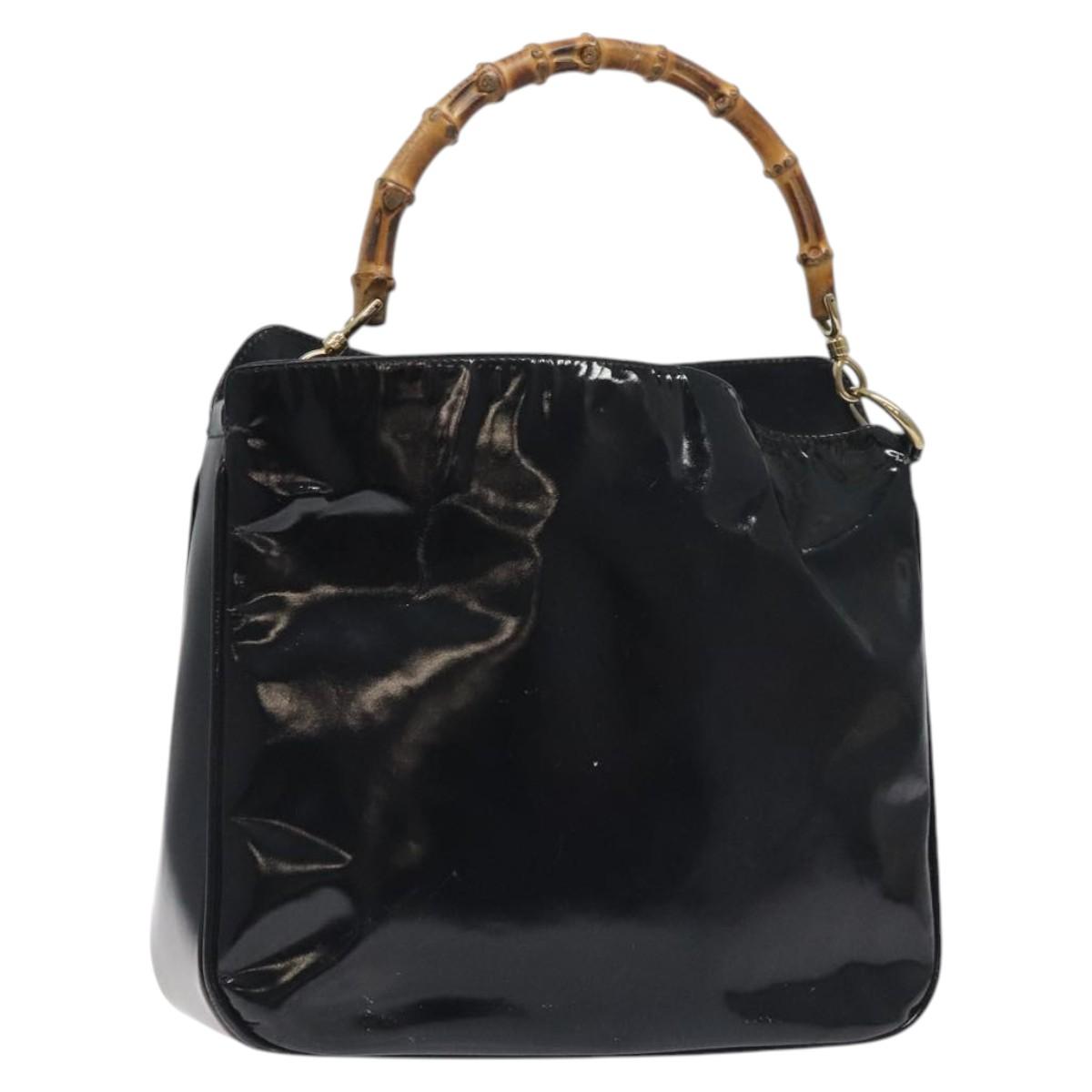GUCCI Bamboo Hand Bag Enamel Black Gold 001 1014 1638 0 Auth bs26395