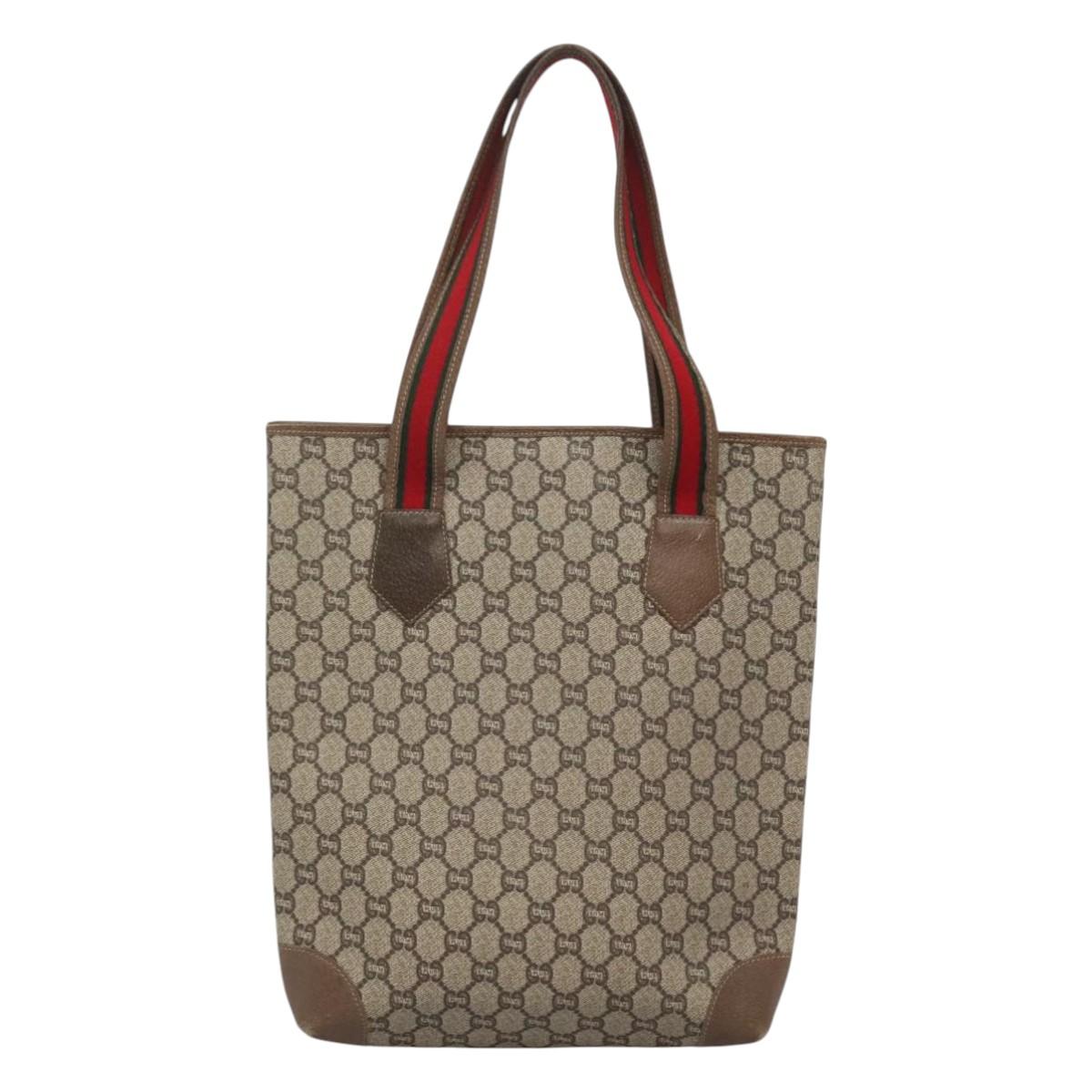 GUCCI GG Plus Supreme Web Sherry Line Tote Bag PVC Beige Red Auth bs26416