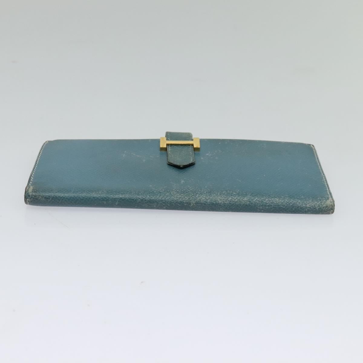 HERMES Bean Long Wallet Leather Blue Auth bs26436