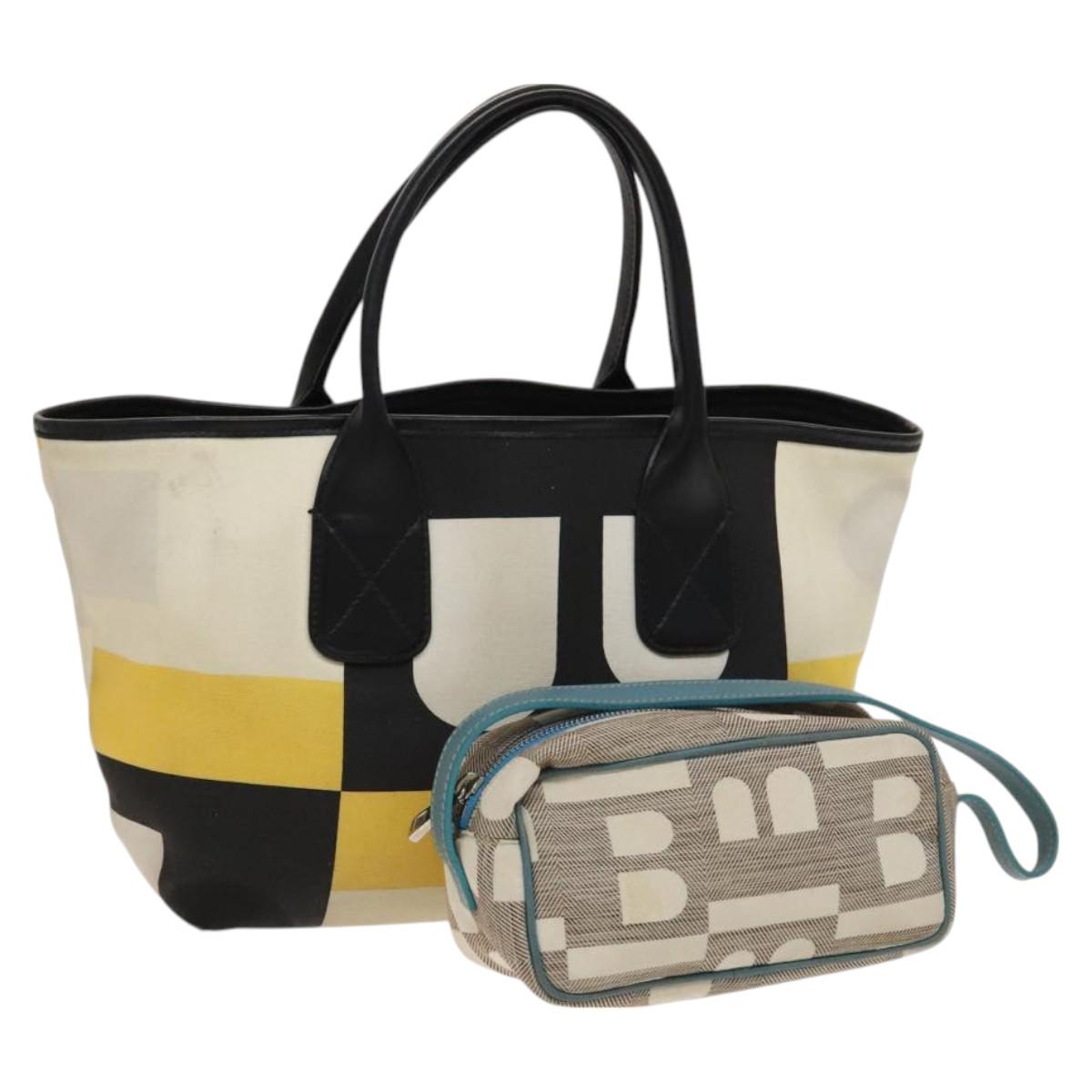 BALLY Hand Bag Canvas 2Set Beige Blue yellow Auth bs26441