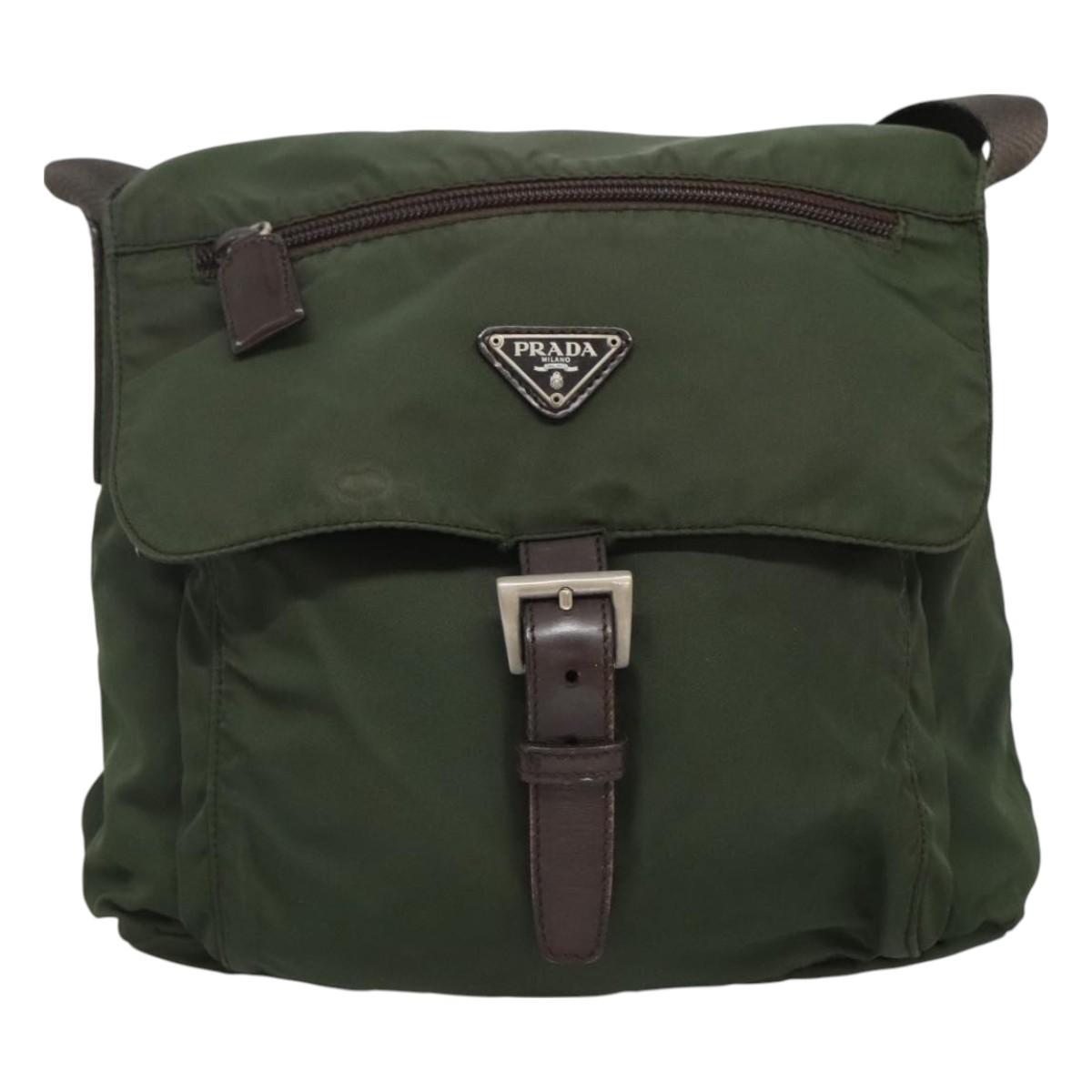 PRADA Shoulder Bag Nylon Khaki Silver Auth bs26478