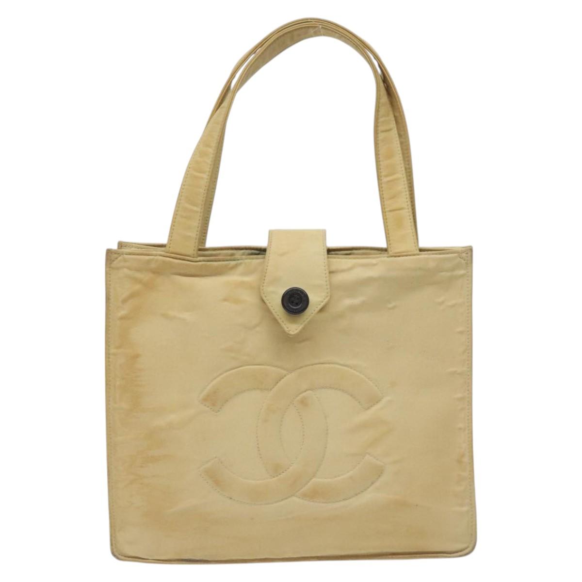 CHANEL Tote Bag Nylon Beige Gold CC Auth bs26566
