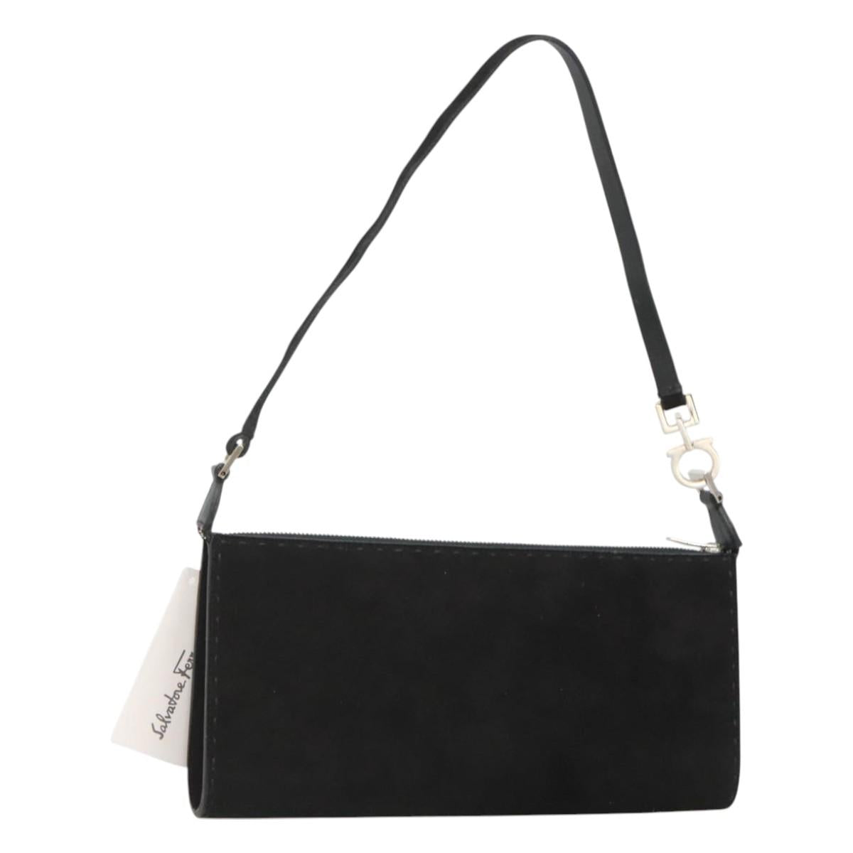 Salvatore Ferragamo Hand Bag Suede Black Silver Auth bs26594