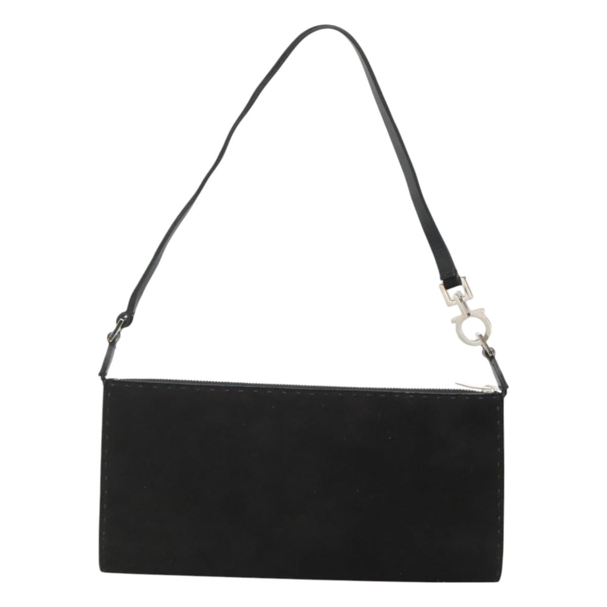 Salvatore Ferragamo Hand Bag Suede Black Silver Auth bs26594