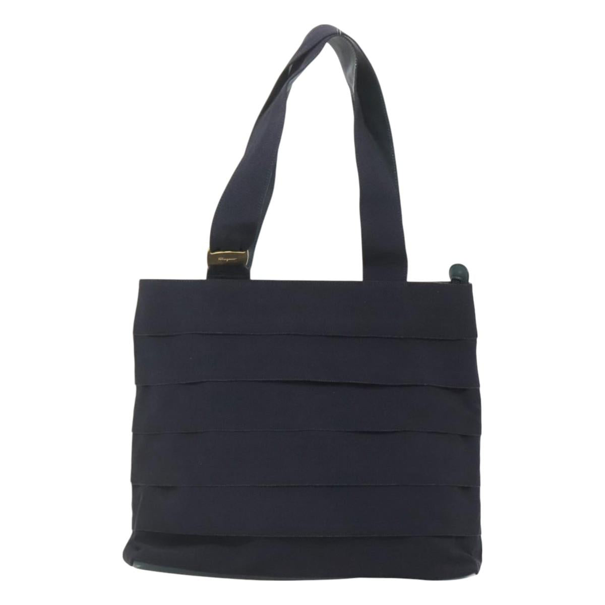 Salvatore Ferragamo Vala Tote Bag Canvas Leather Navy Gold Auth bs26595