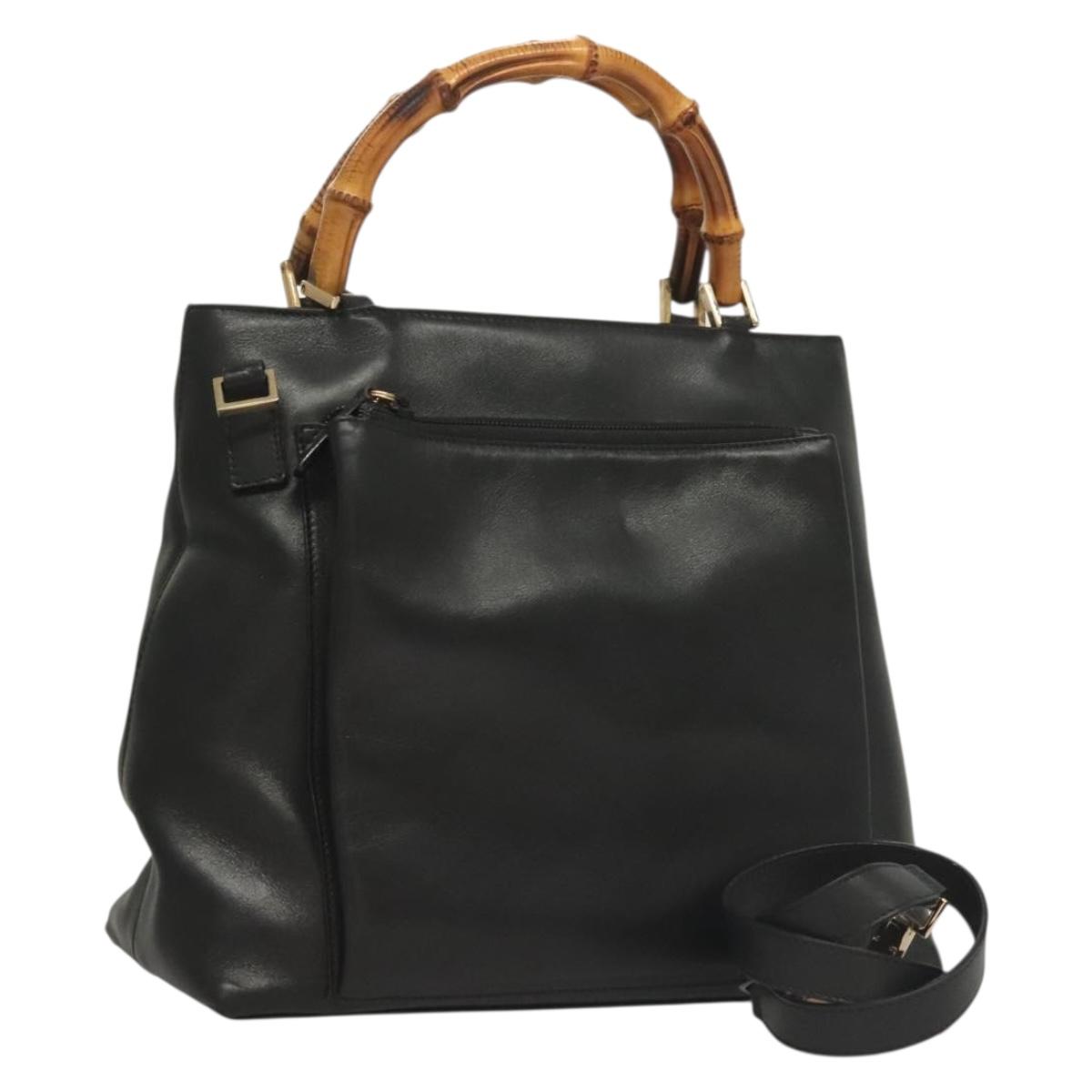 GUCCI Bamboo Hand Bag Leather 2way Black Gold 002 2058 0508 0 Auth bs26604