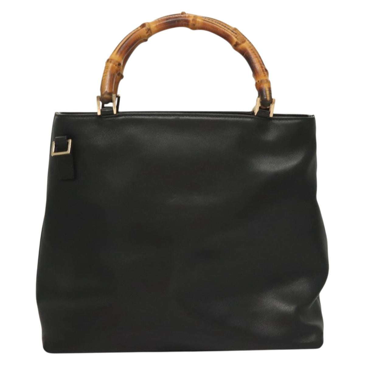 GUCCI Bamboo Hand Bag Leather 2way Black Gold 002 2058 0508 0 Auth bs26604